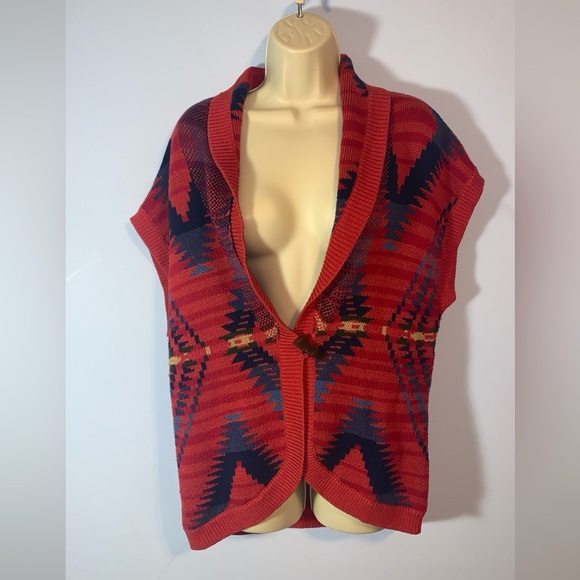 Chaos denim Red and Blue Aztec Geometric Knit Shaw short sleeve Cardigan large - Picture 1 of 5